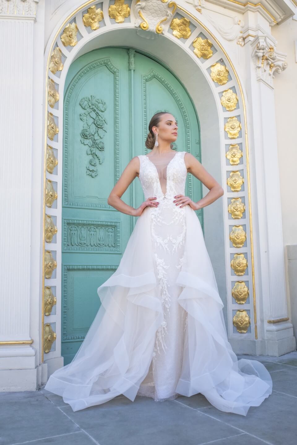 Clara - Plunging V - Neckline Wedding Dress with Detachable Train - Maxima Bridal