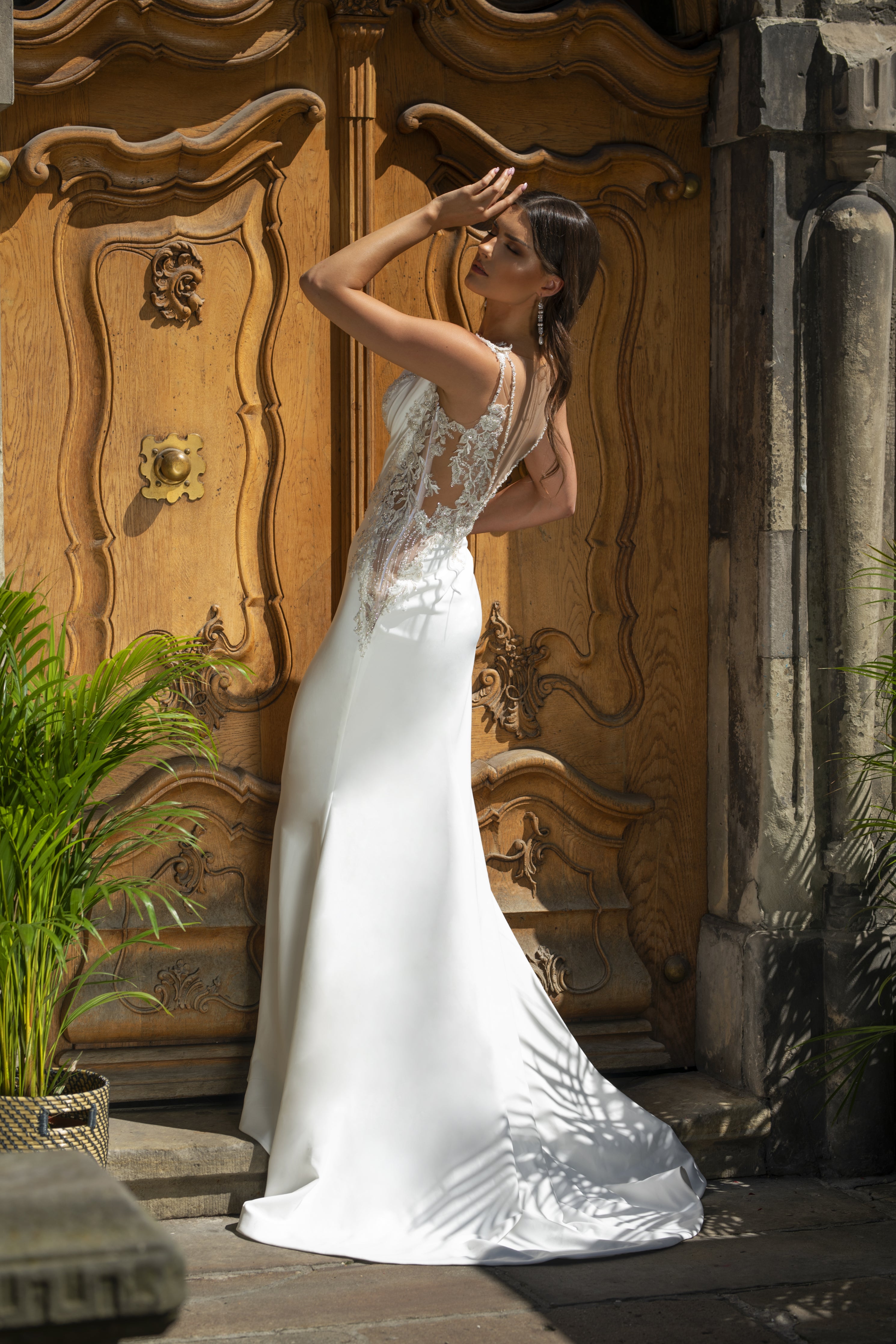 Sylvie - Modern V-Neck Sheath Wedding Dress with Bridal Cape - Maxima Bridal