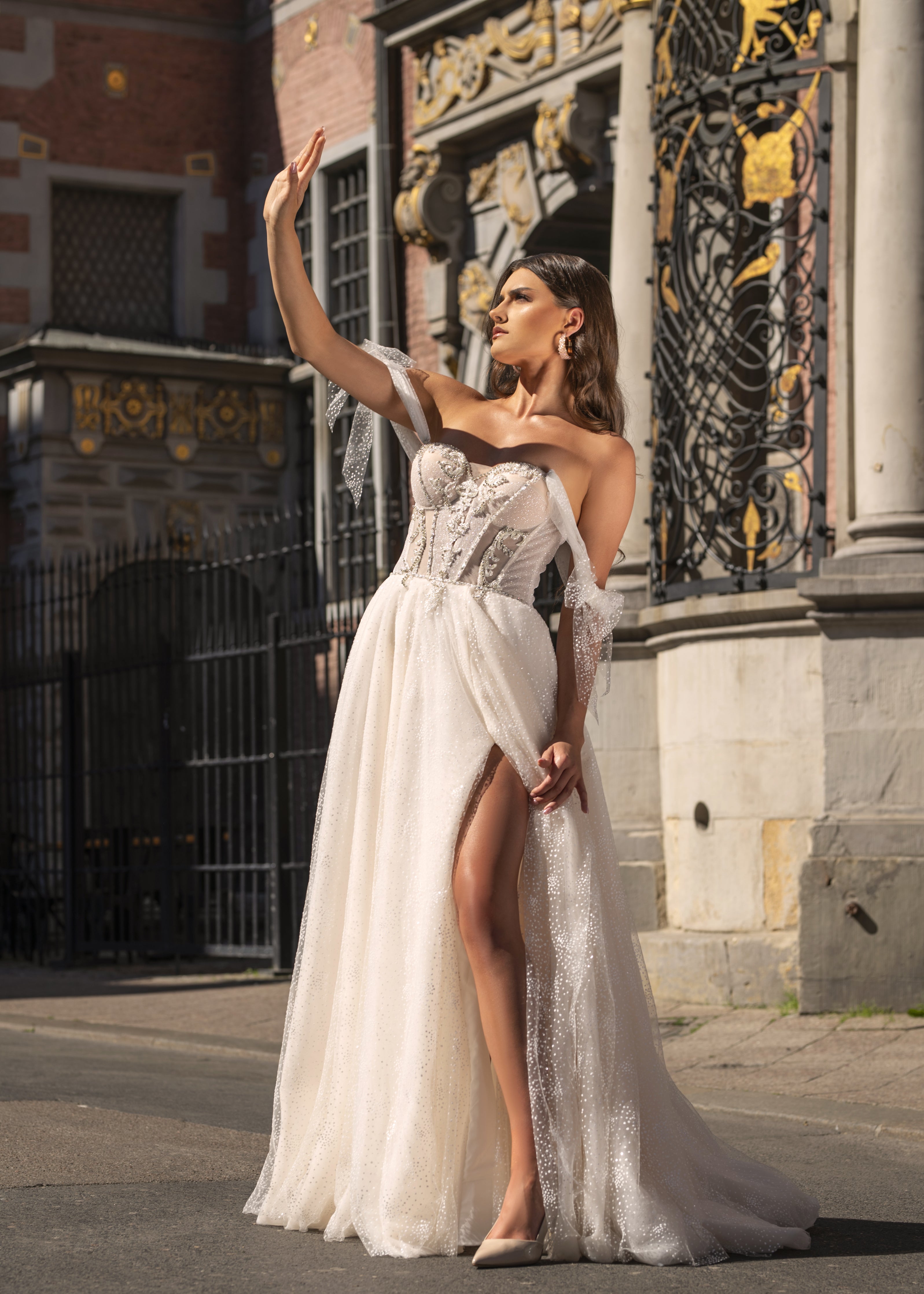 Danielle - Off the Shoulder A-Line Wedding Dress with Side Slit - Maxima Bridal