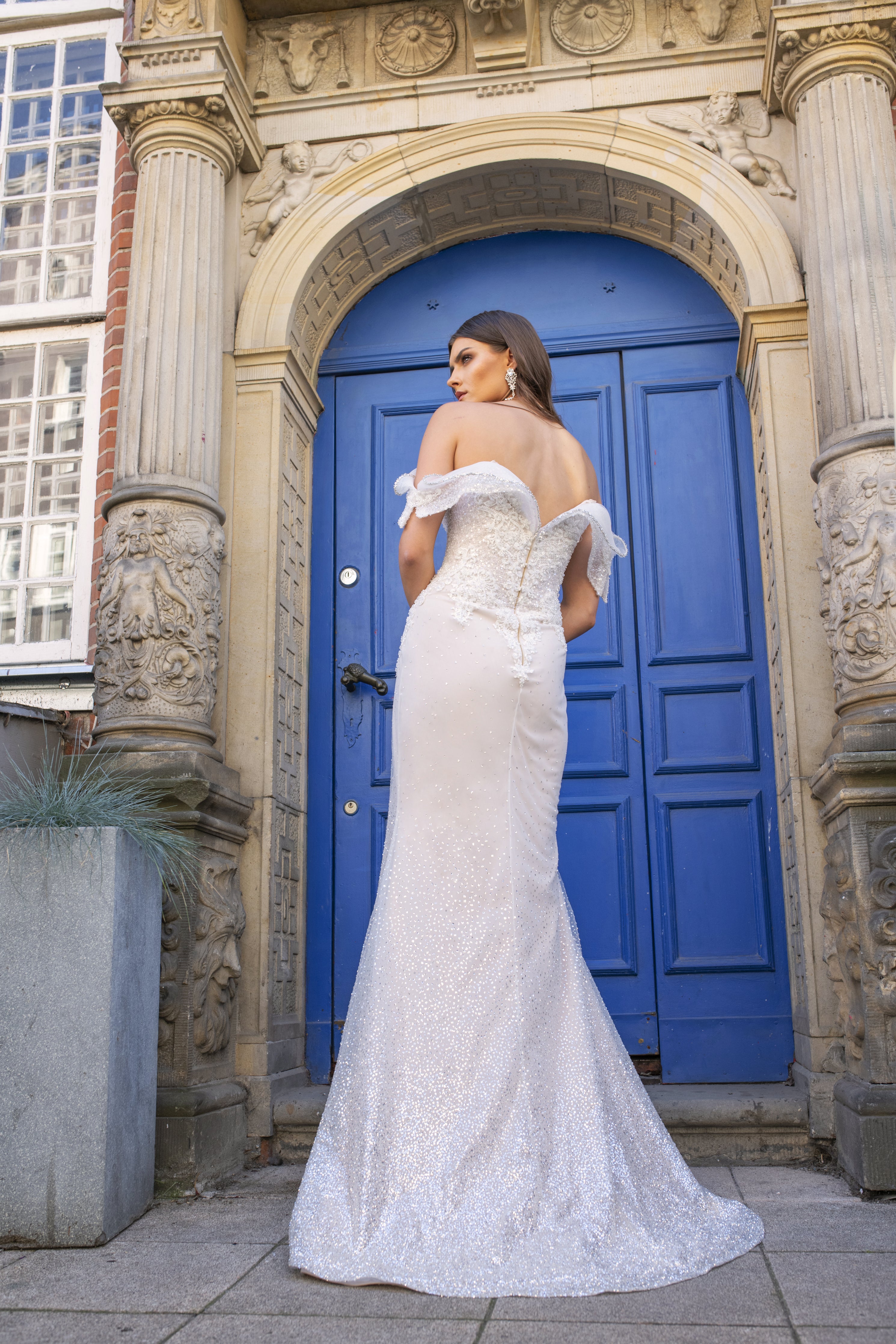 Elise - Off the Shoulder Sheath Wedding Dress - Maxima Bridal