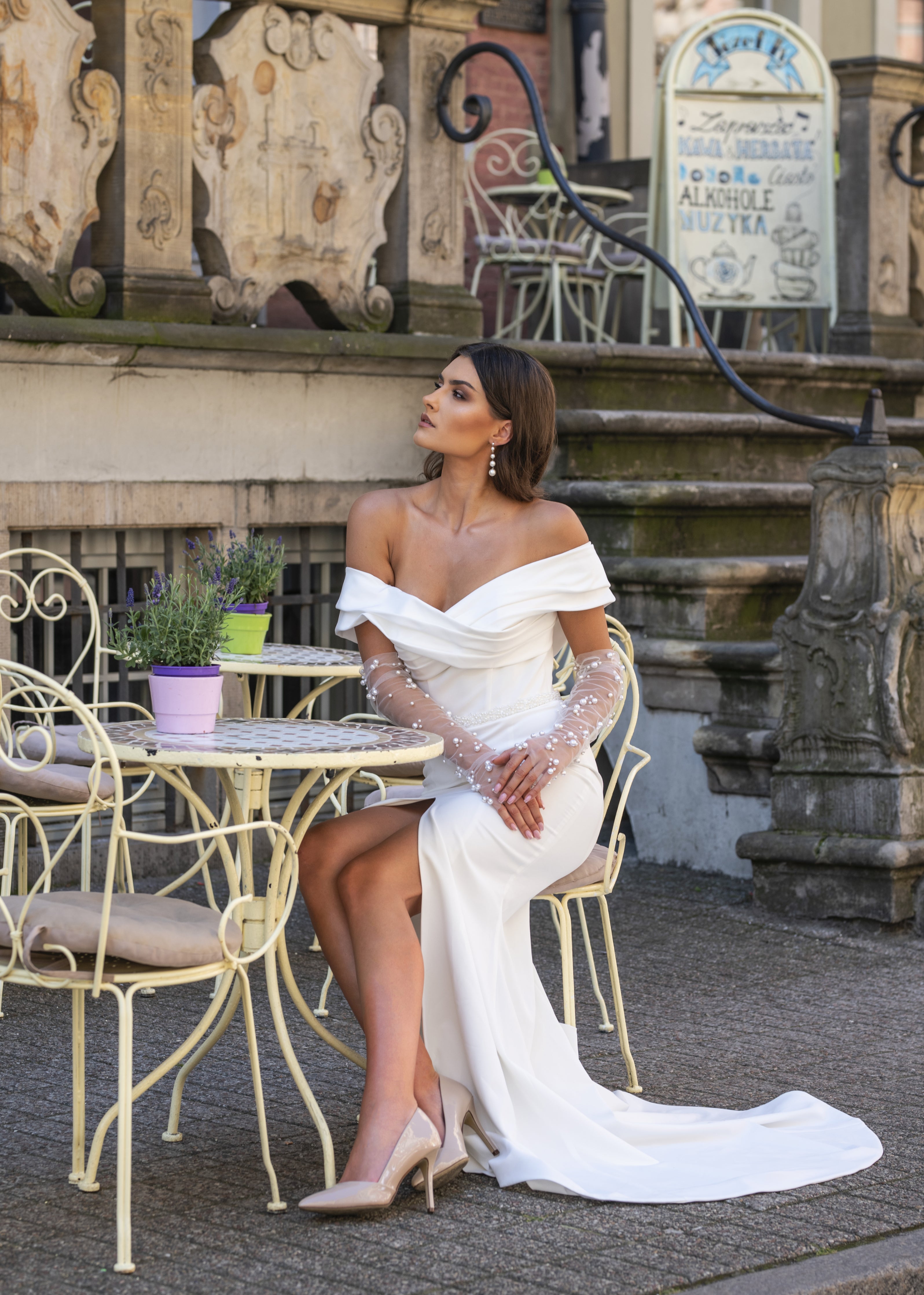 Pauline - Fitted Wedding Dress with Off the Shoulder Sleeves - Maxima Bridal