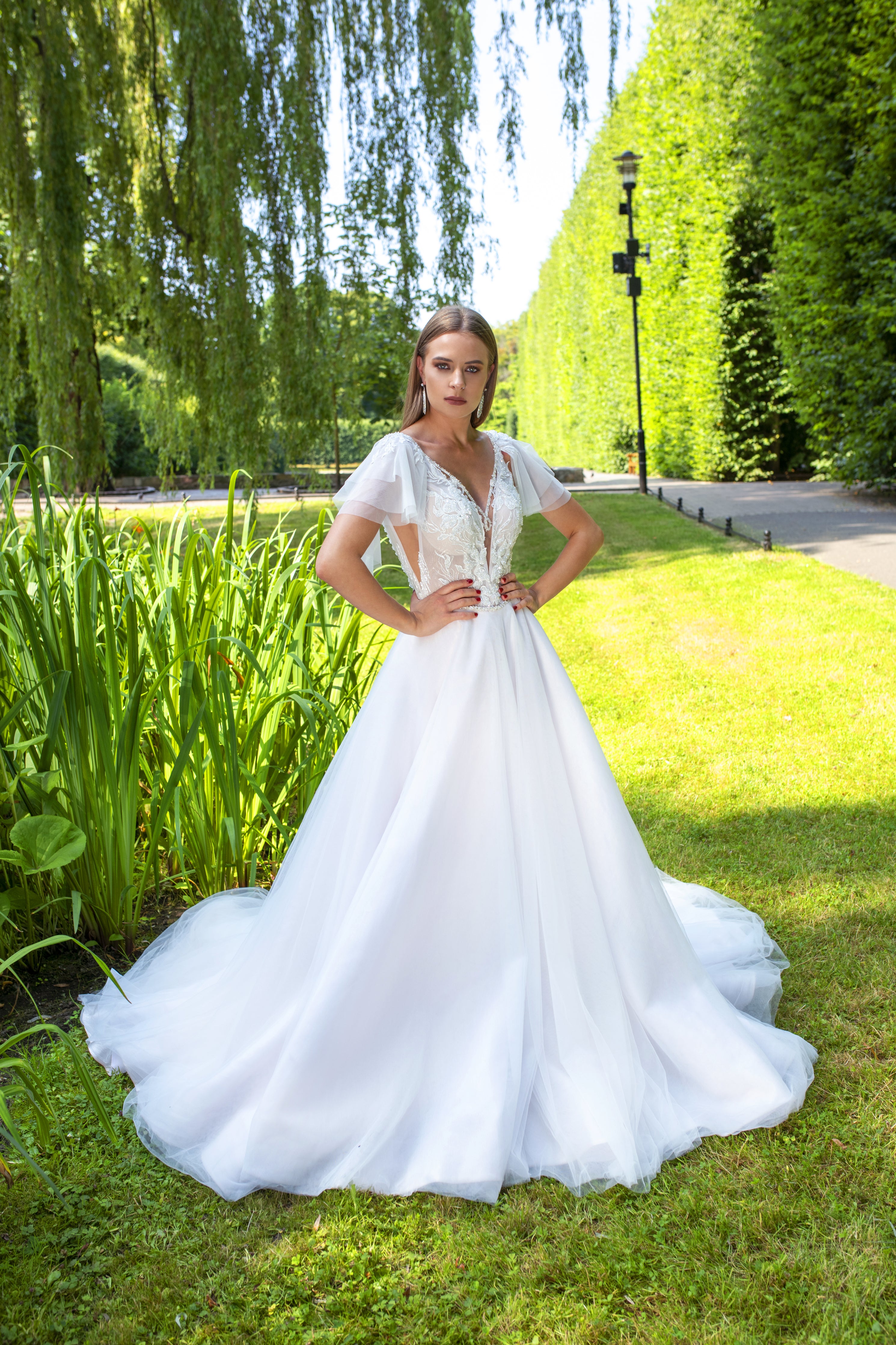 Geneve - Plunging V-Neck Ball Gown with Ruffled Sleeves - Maxima Bridal