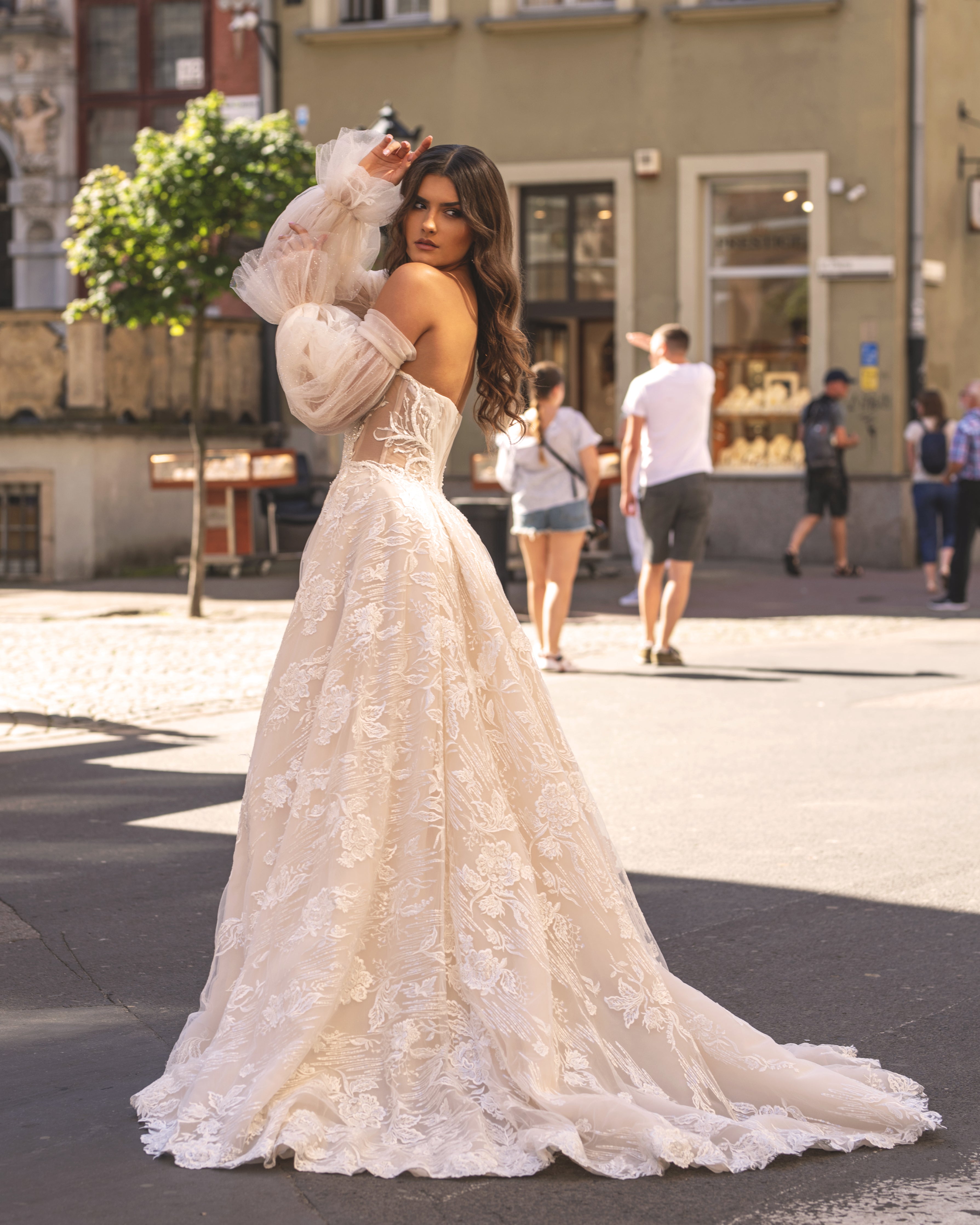 Michelle - Bohemian Nude Wedding Dress with Floral Applique - Maxima Bridal