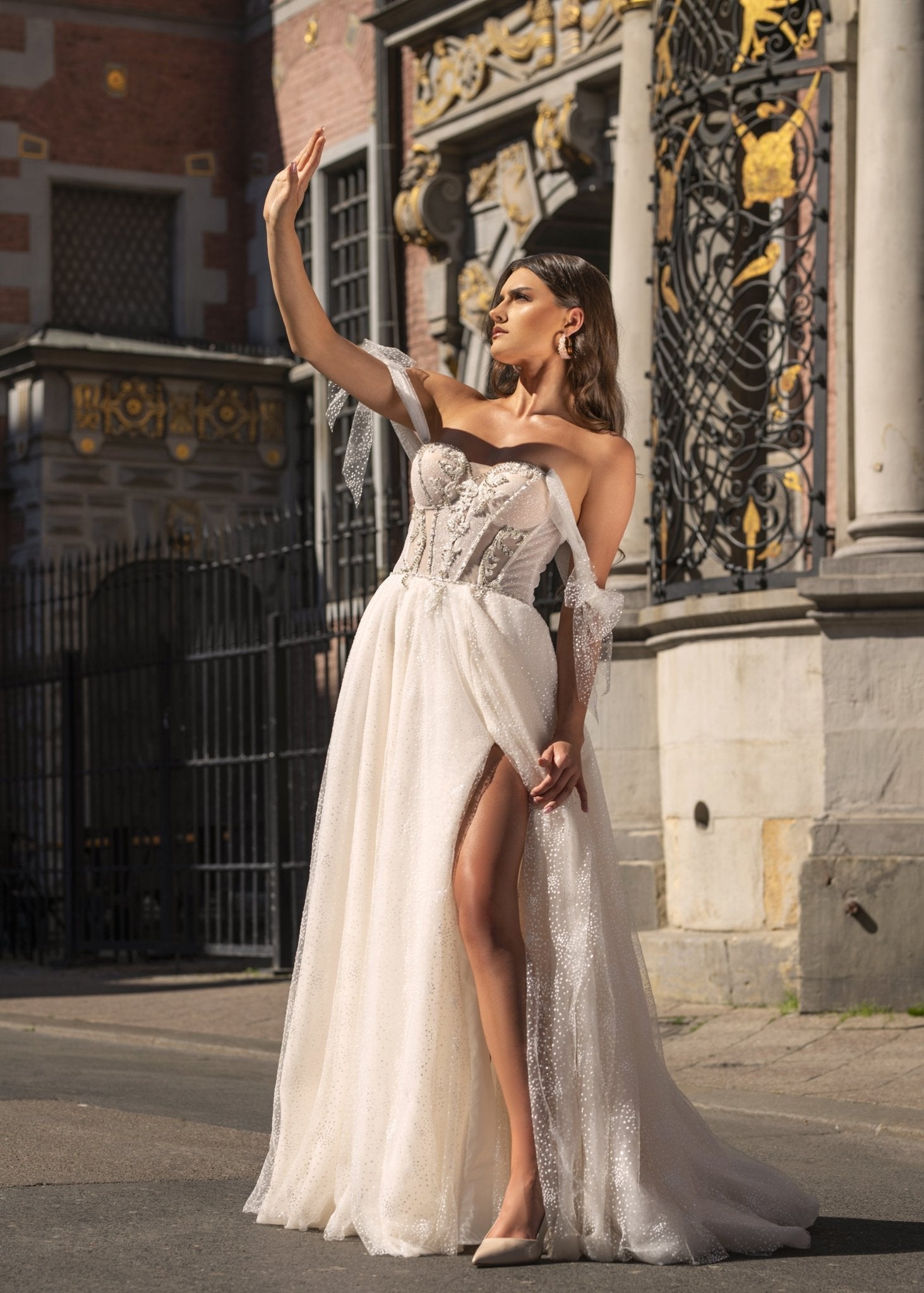 Danielle - Off the Shoulder A - Line Wedding Dress with Side Slit - Maxima Bridal