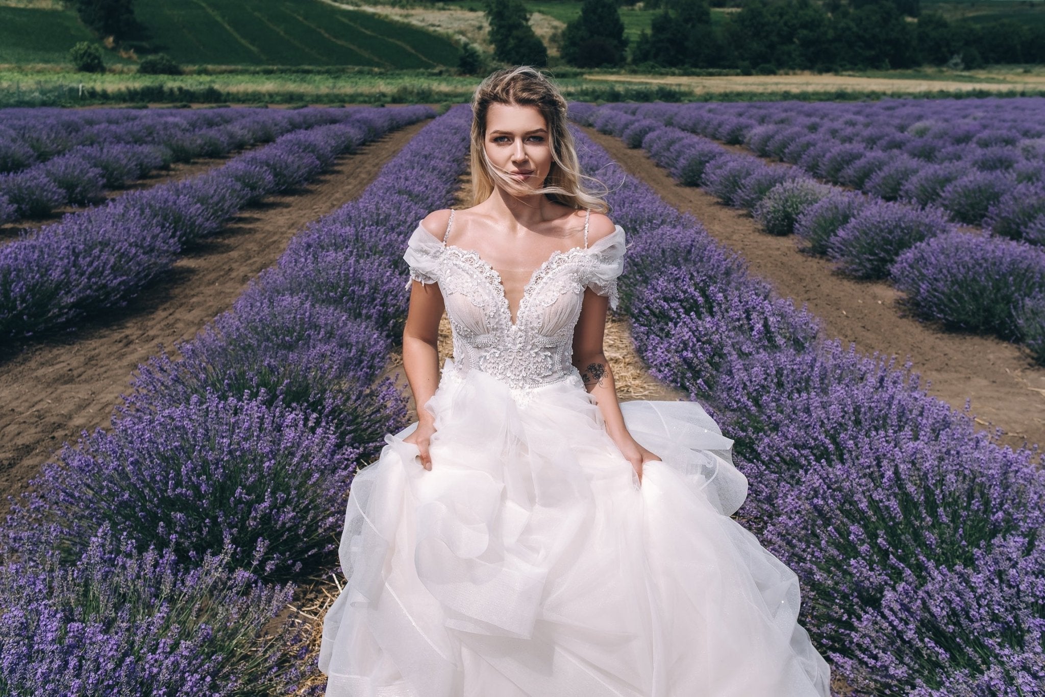 Elaine - Off the Shoulder Beaded Bodice Sweetheart Ball Gown with Ruffle Skirt - Maxima Bridal
