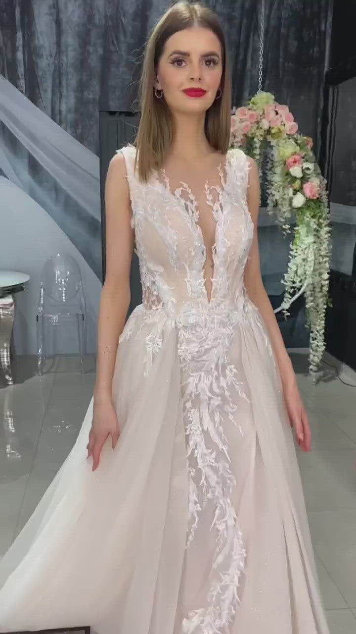 Arianna - Illusion Neckline A-Line Wedding Dress with Side Slit ...