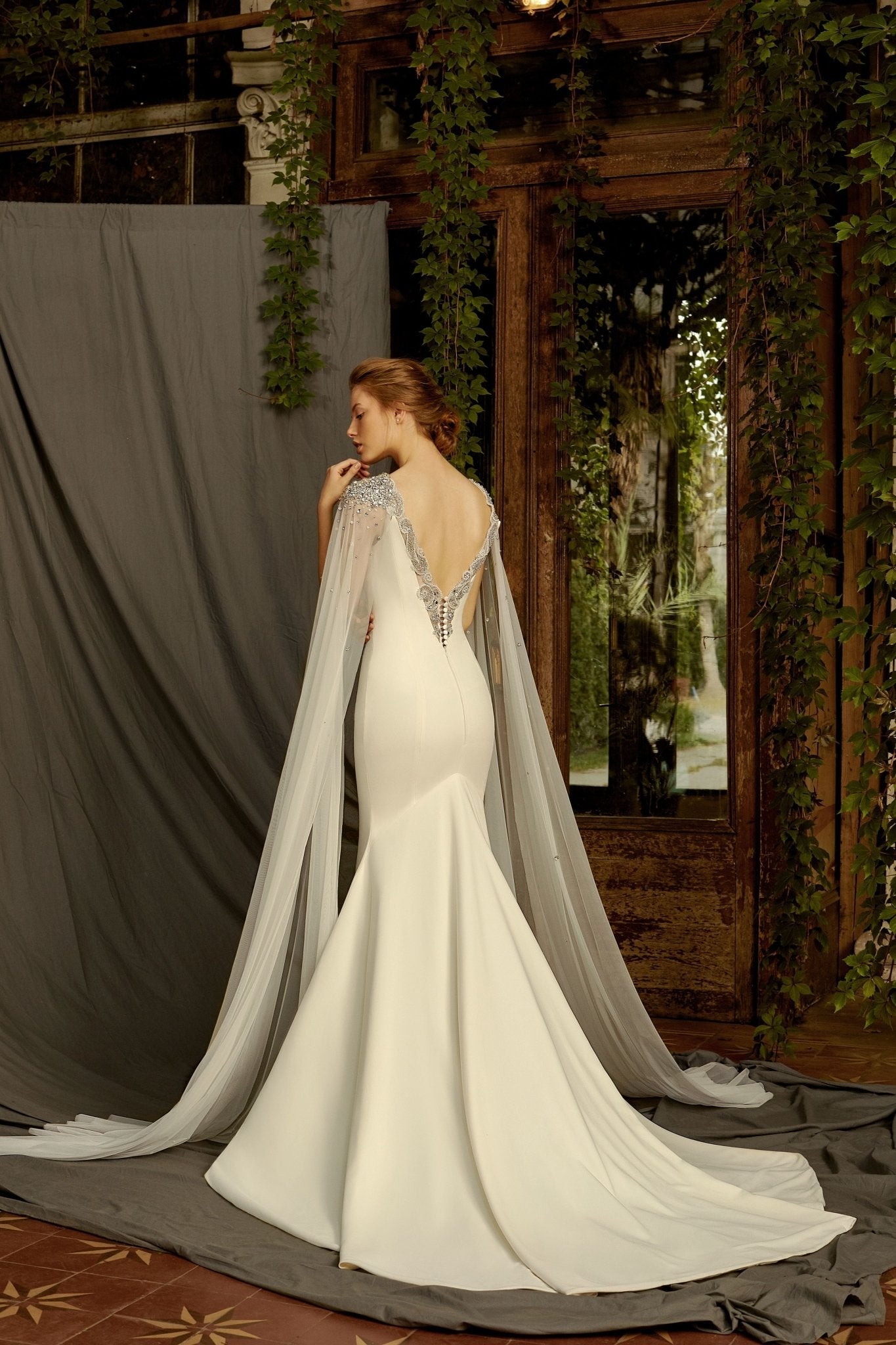 Frances - Cape Sleeves Mermaid Wedding Dress with V - Neck - Maxima Bridal