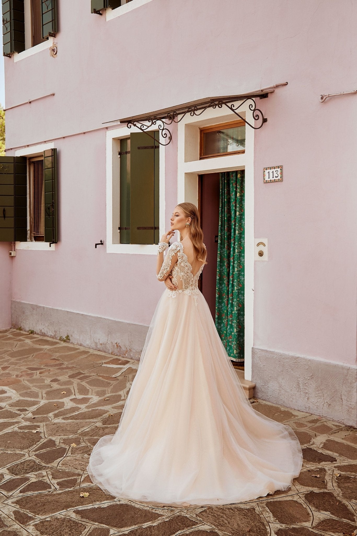 Francesca - Long Sleeve A - Line Wedding Dress with Side Slit - Maxima Bridal