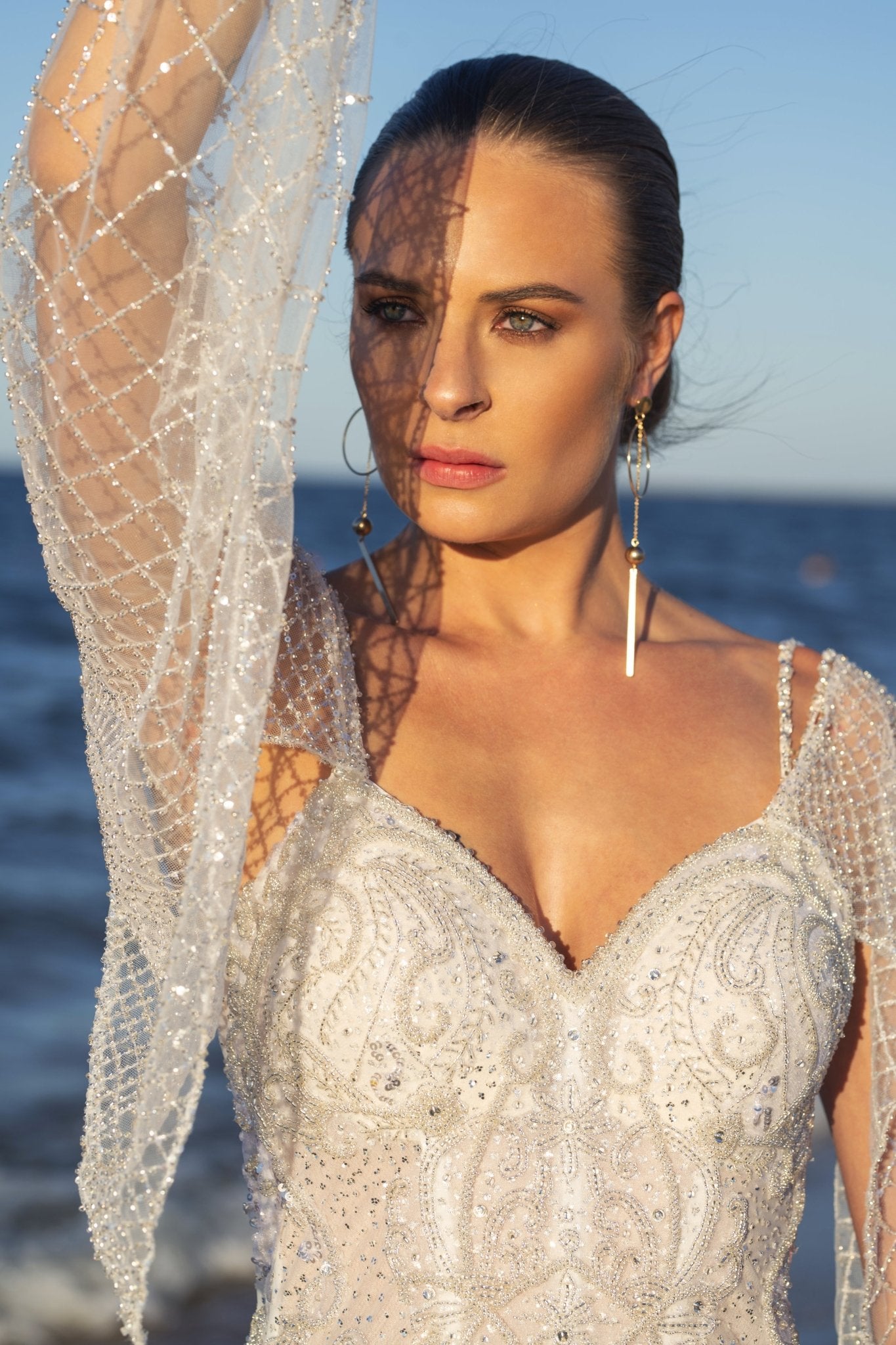 Laurence - Textured Sheath Wedding Dress with Detachable Sleeves - Maxima Bridal