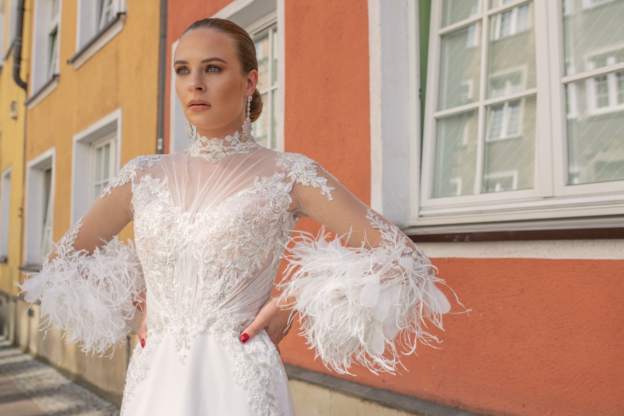 Marion - High Neck Feathered Sleeves Illusion Wedding Dress - Maxima Bridal
