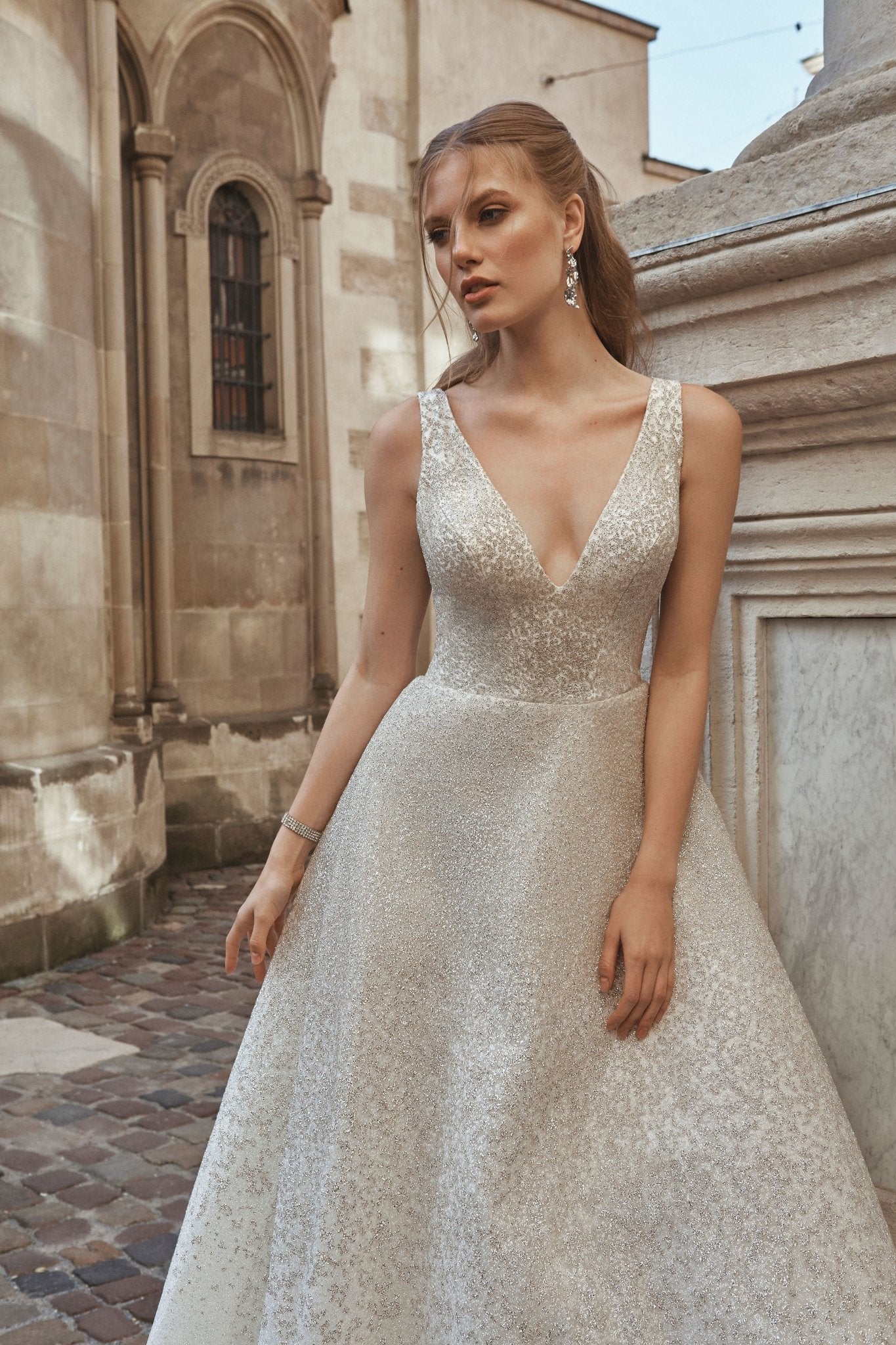 Roxanne - Sparkling A - Line Wedding Dress with V - Neck - Maxima Bridal
