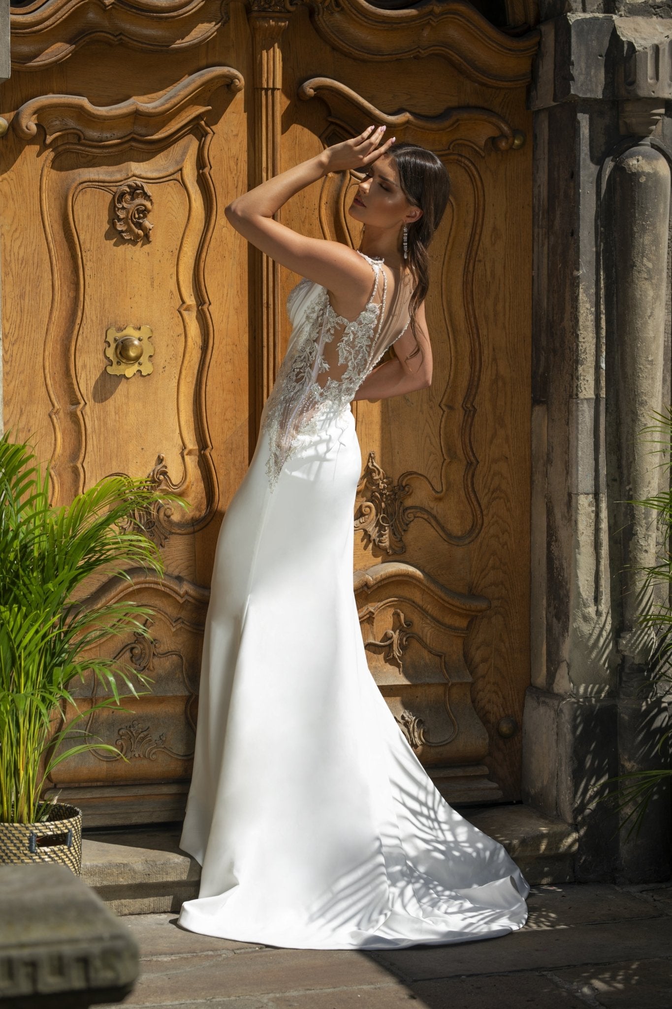 Sylvie - Modern V - Neck Sheath Wedding Dress with Bridal Cape - Maxima Bridal
