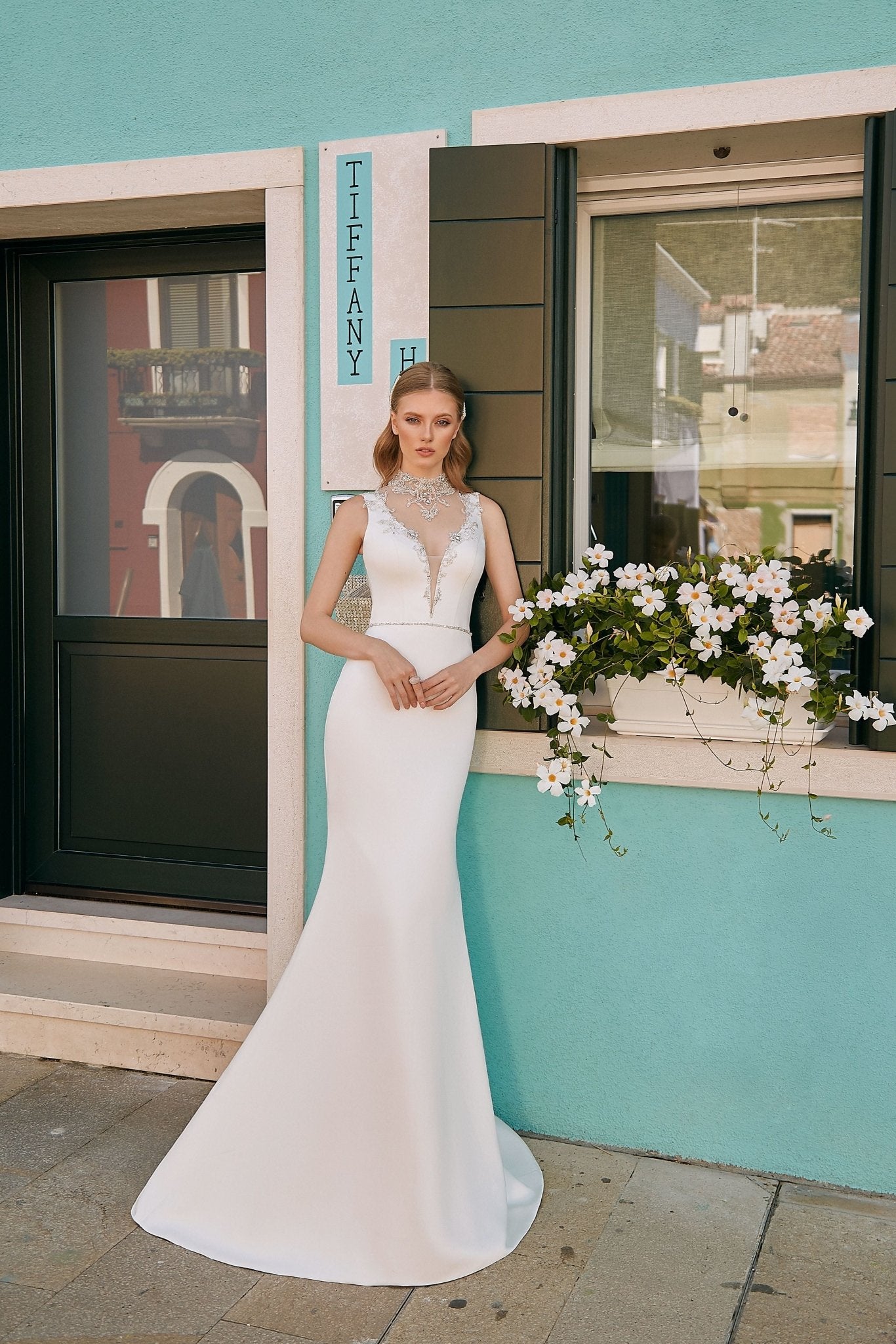 Veronica - High - Neck Keyhole Back Crepe Wedding Dress - Maxima Bridal